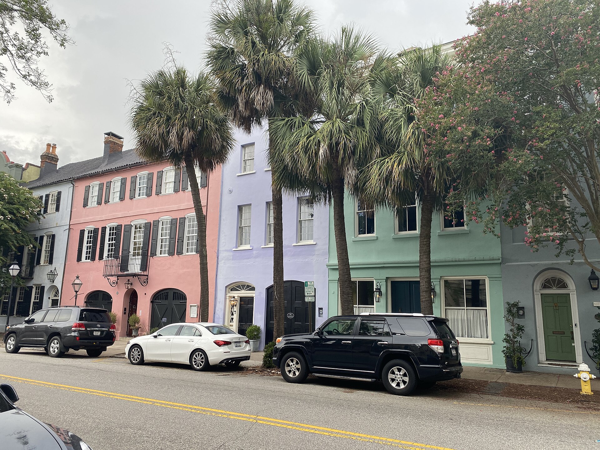 Pastel pink, lavender and green historic row houses with palmetto trees along Rainbow Row in Charleston.