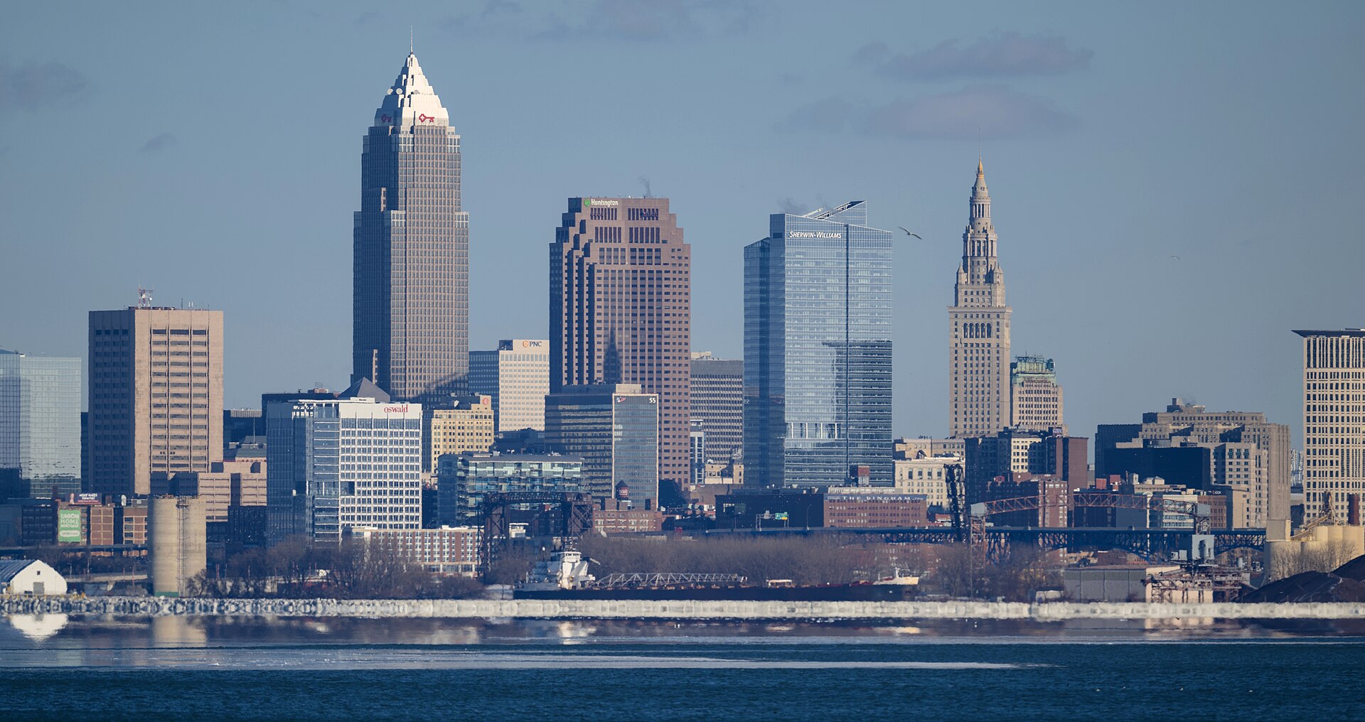 Cleveland's downtown skyline, with Key Tower and Terminal Tower, seen across Lake Erie on a clear day.