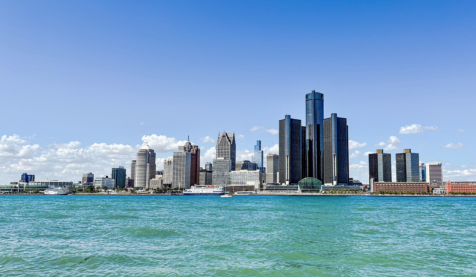 The Detroit skyline as it appeared from Windsor, Ontario on a sunny Labor Day 2025, known as the “Motor City,” Detroit sits on the Detroit River and anchors the