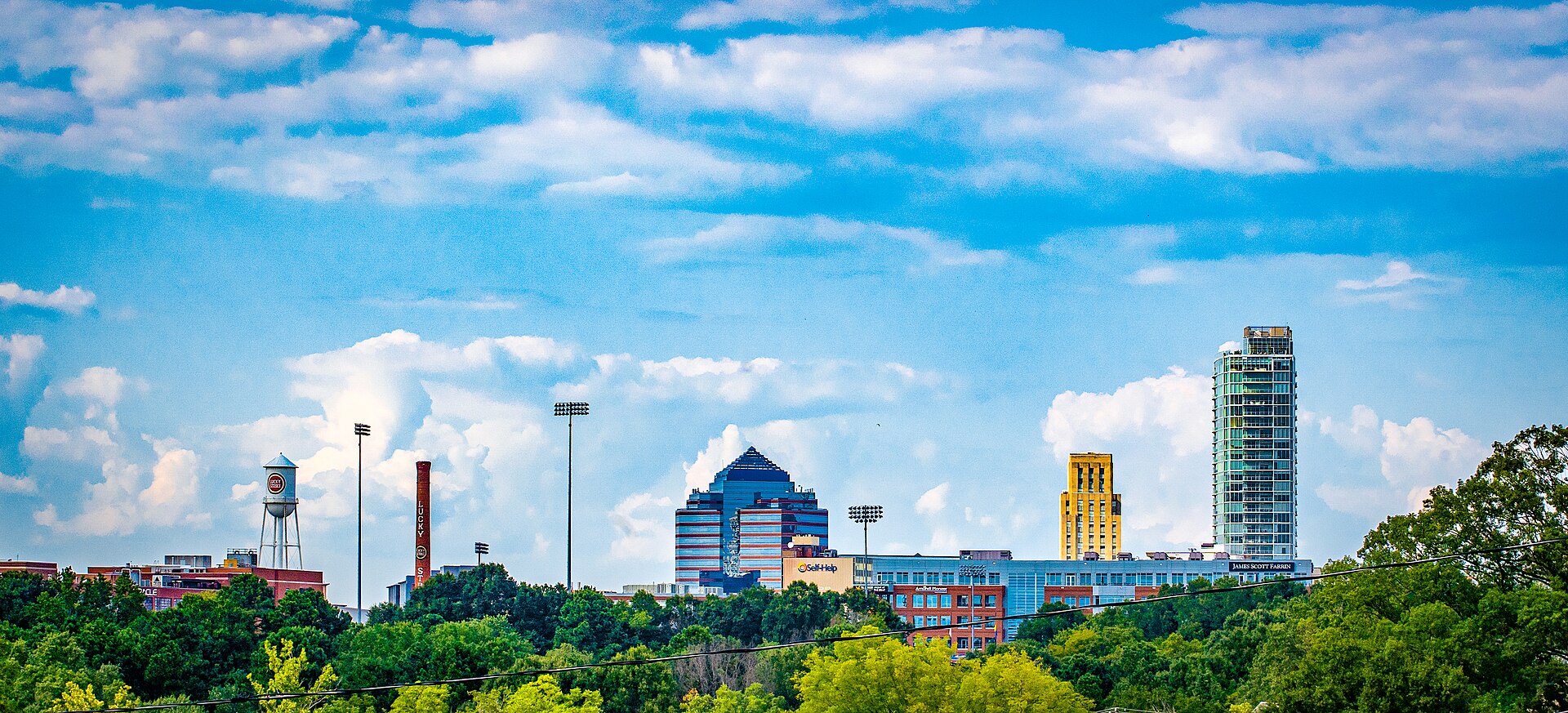 Downtown Durham's skyline, with the gold Hill Building and the Lucky Strike water tower, above green trees on a sunny day.