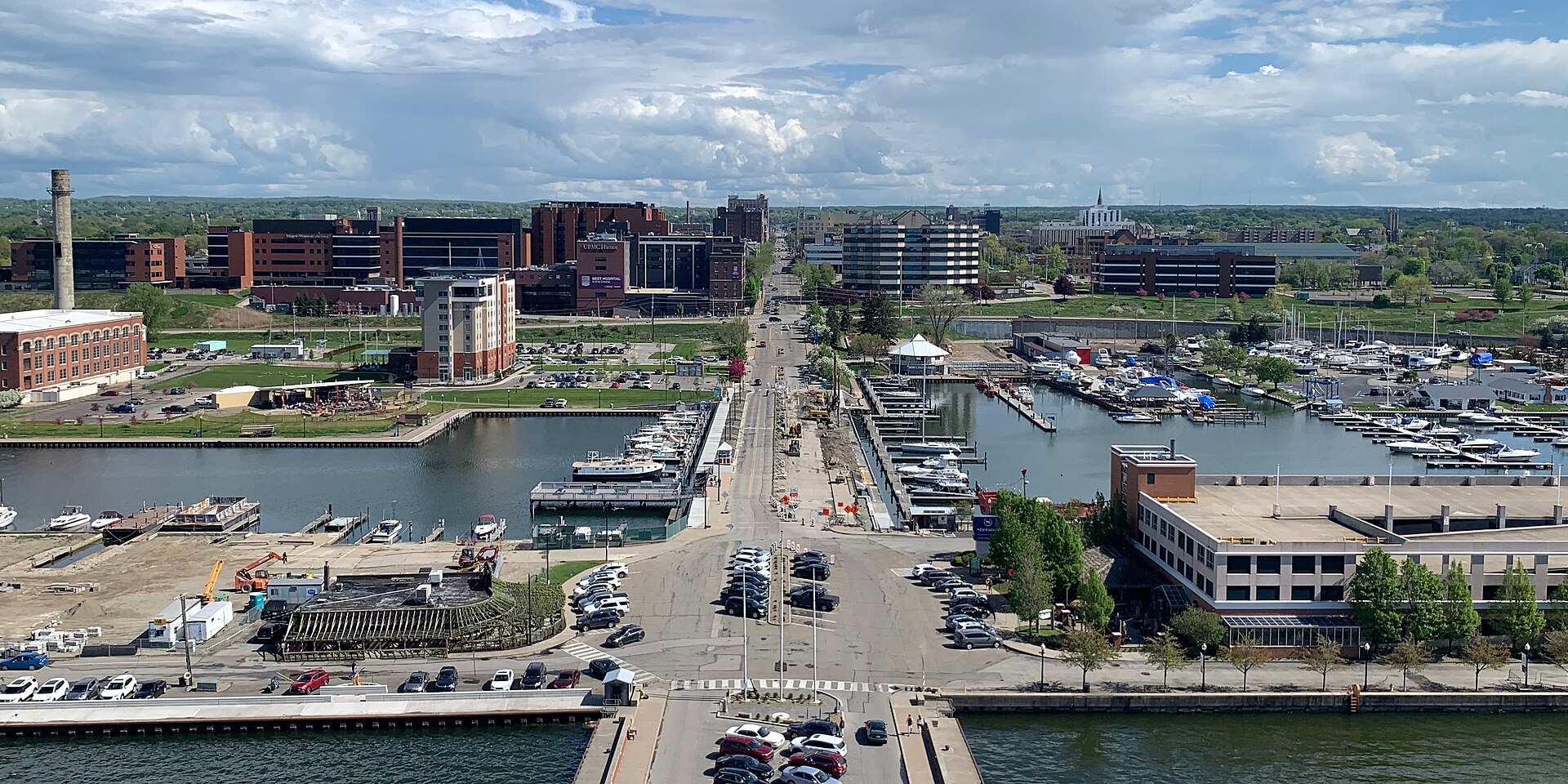 Downtown Erie, Dobbins Landing and the marinas of Presque Isle Bay, looking south along State Street from the Bicentennial Tower.
