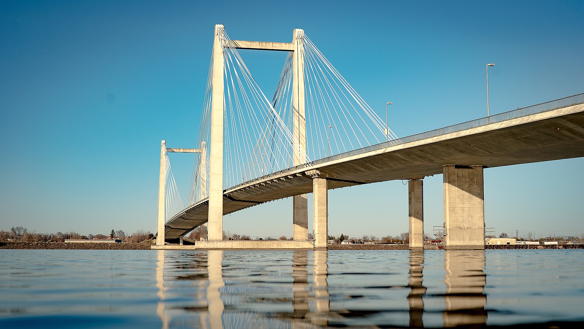 The white cable-stayed Cable Bridge spanning the Columbia River at Kennewick under a clear blue sky.