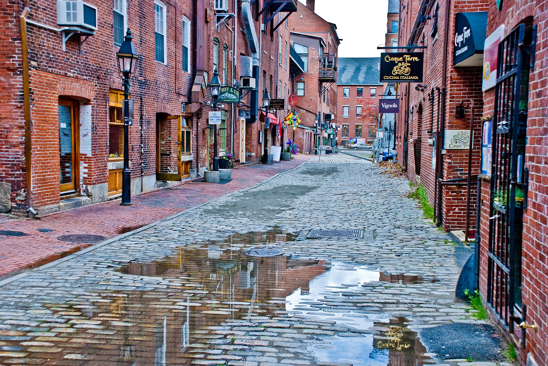 A cobblestone lane lined with old brick buildings and shop signs in Portland's Old Port district after rain.
