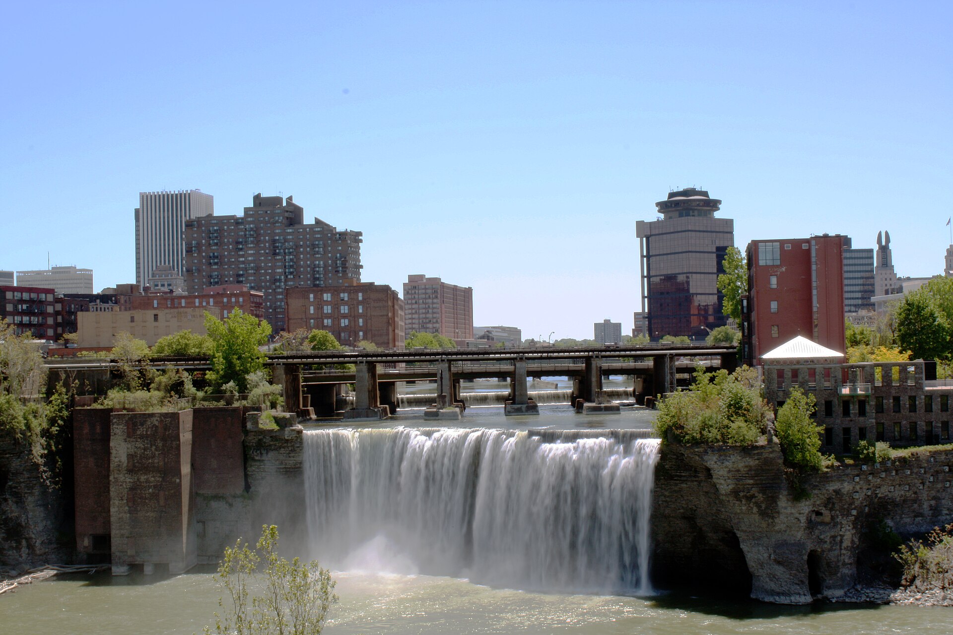 The Genesee River pours over High Falls beneath downtown Rochester's buildings on a sunny day.