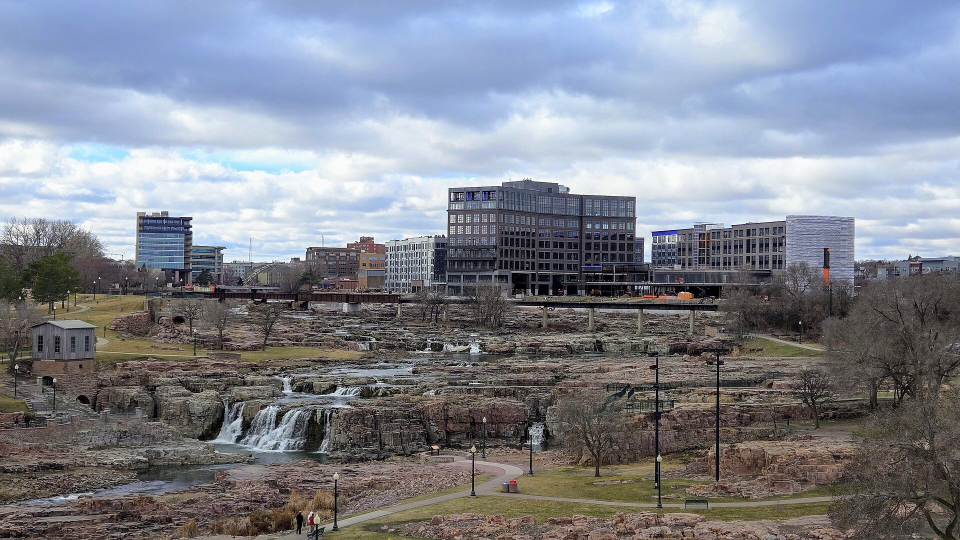 Part of downtown Sioux Falls and Falls Park on March 16, 2024, taken from the viewing tower at Falls Park